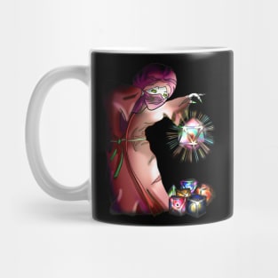 Masked sorcerer with glowing d20 dnd dice Mug